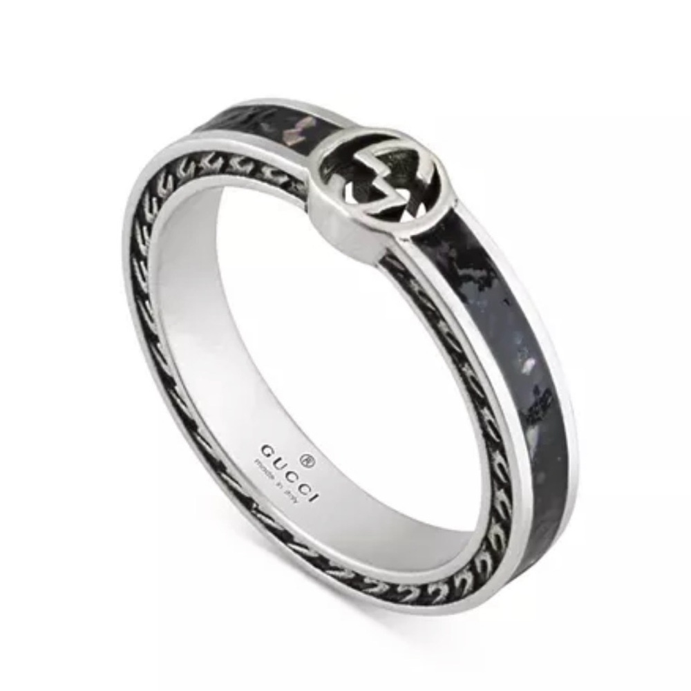 Gucci Interlocking Sterling Silver & Black Enamel Ring 13g